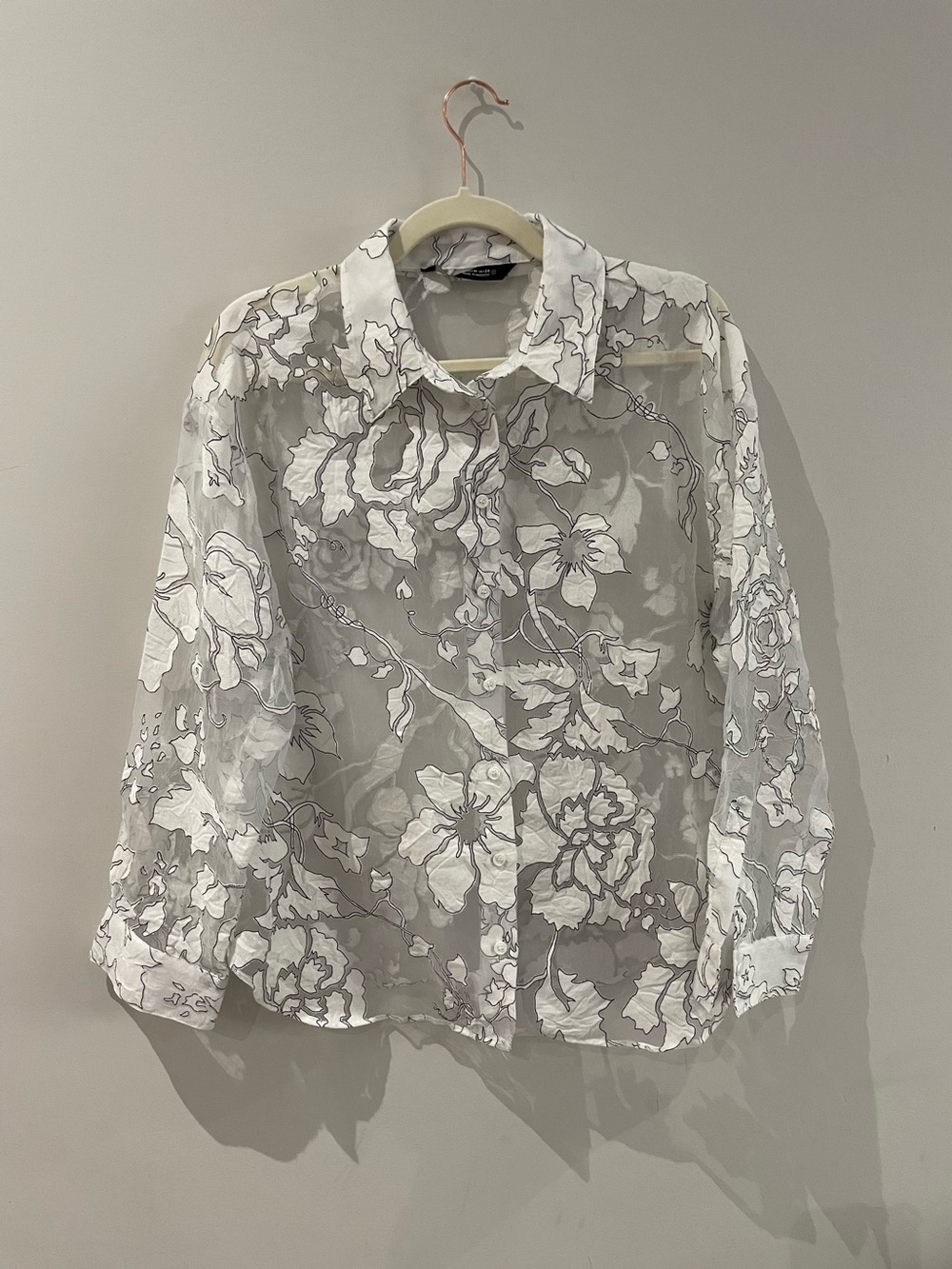 Zara White Button-Down Sheer Floral Shirt